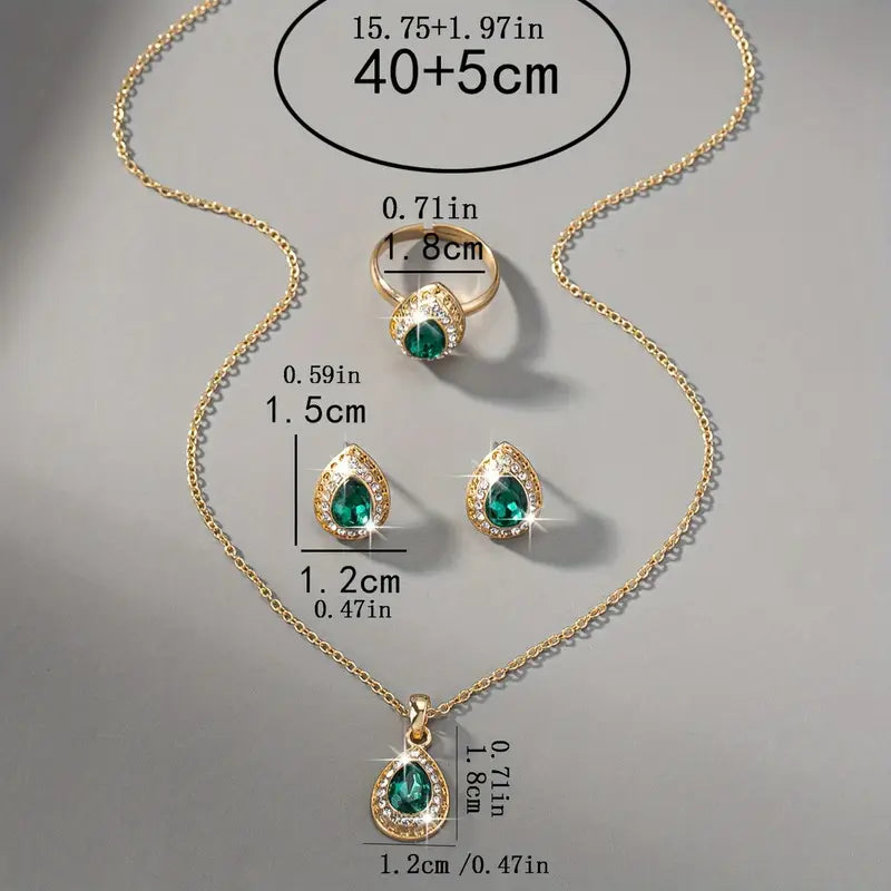 Conjunto de Joias em Forma de Gota de Esmeralda Atemporal