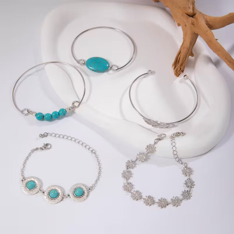 Conjunto de Pulseiras de Pena Turquesa