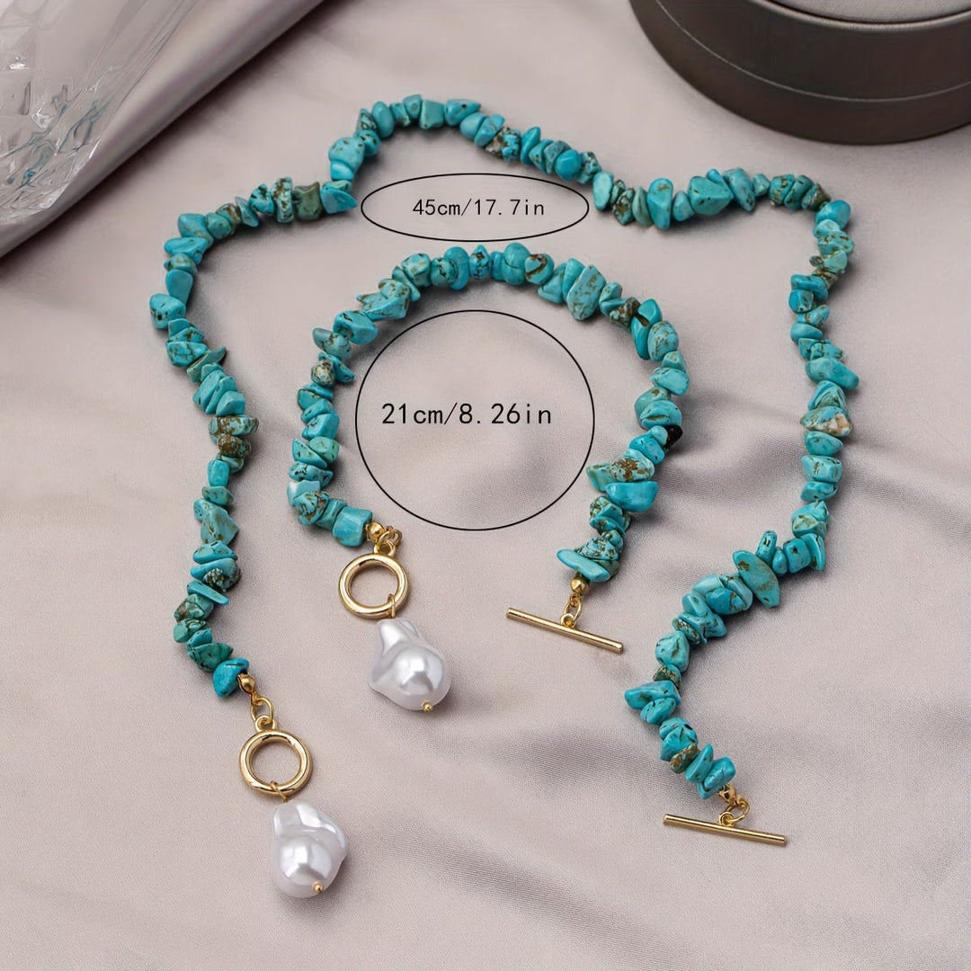 Conjunto de Colar e Pulseira Turquesa & Pérola