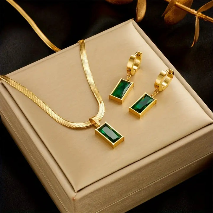Conjunto de Colar e Brincos Esmeralda Luxuosa