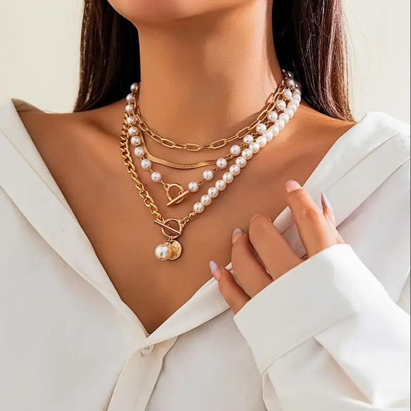 Conjunto de Colar Camadas de Pérolas Modernas