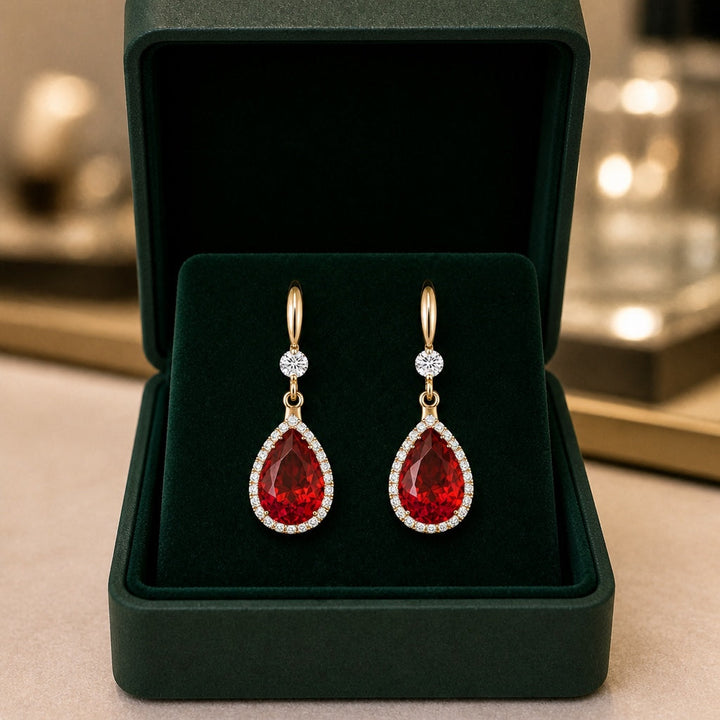 Brincos Elegantes de Gota de Rubi em Ouro Rosa