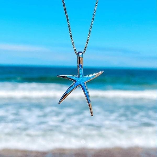 Colar de Opala Azul e Estrela do Mar em Prata