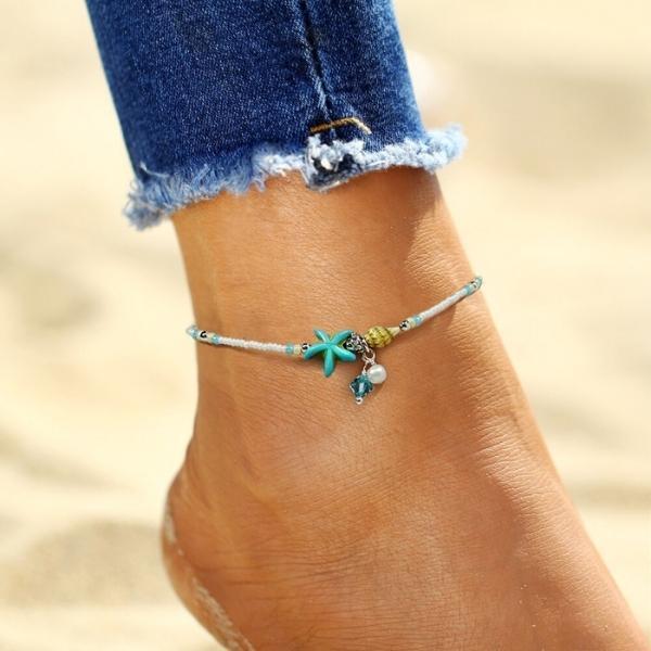 Pulseira Anklet de Estrela e Concha com Pedras Naturais