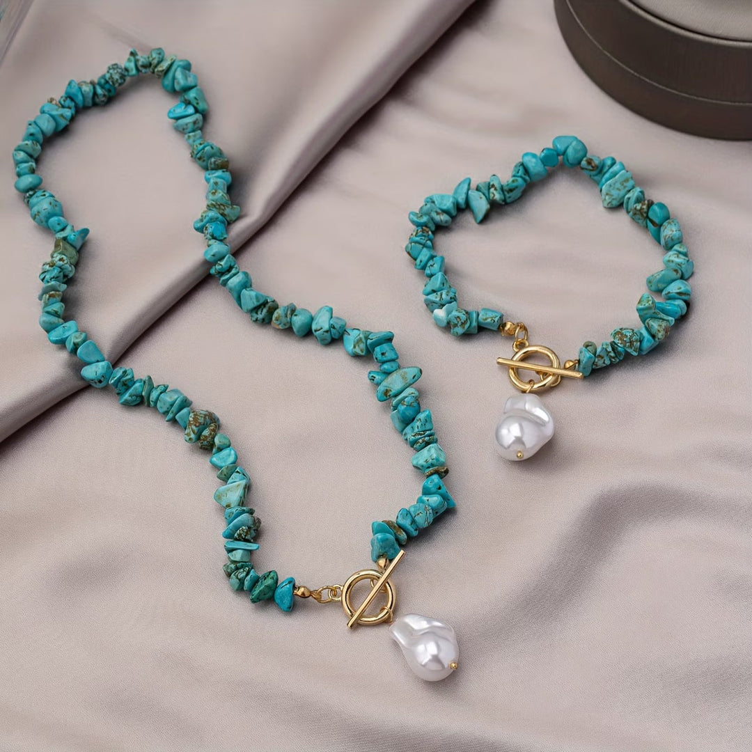 Conjunto de Colar e Pulseira Turquesa & Pérola