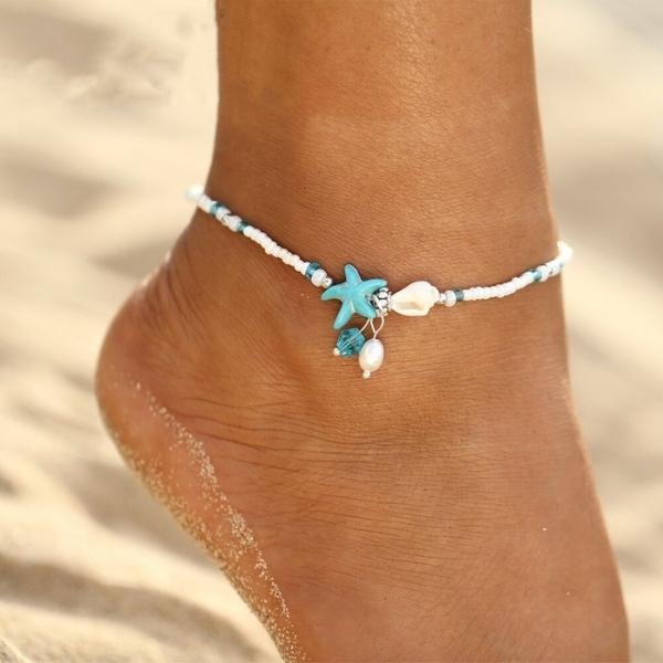 Pulseira Anklet de Estrela e Concha com Pedras Naturais