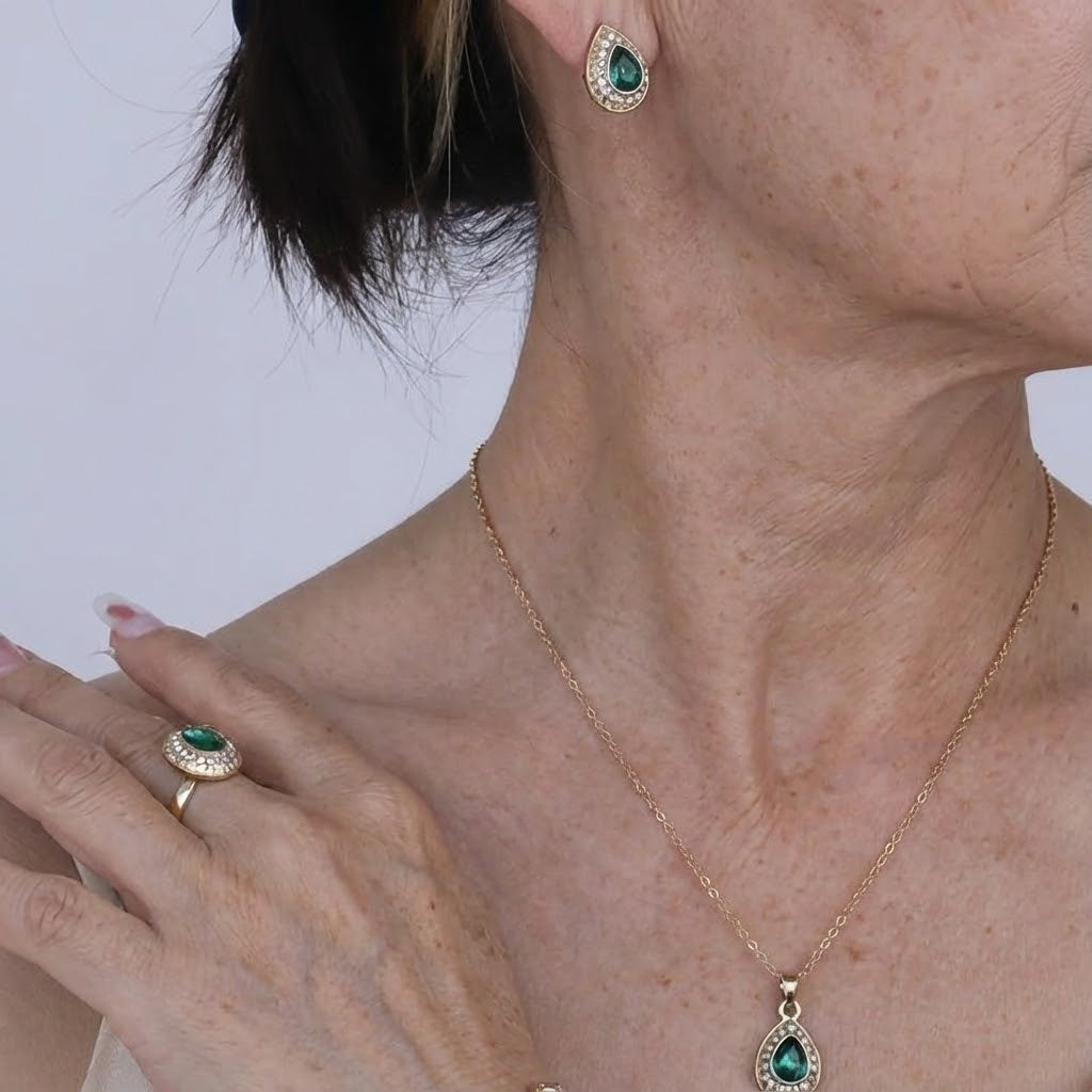 Conjunto de Joias em Forma de Gota de Esmeralda Atemporal