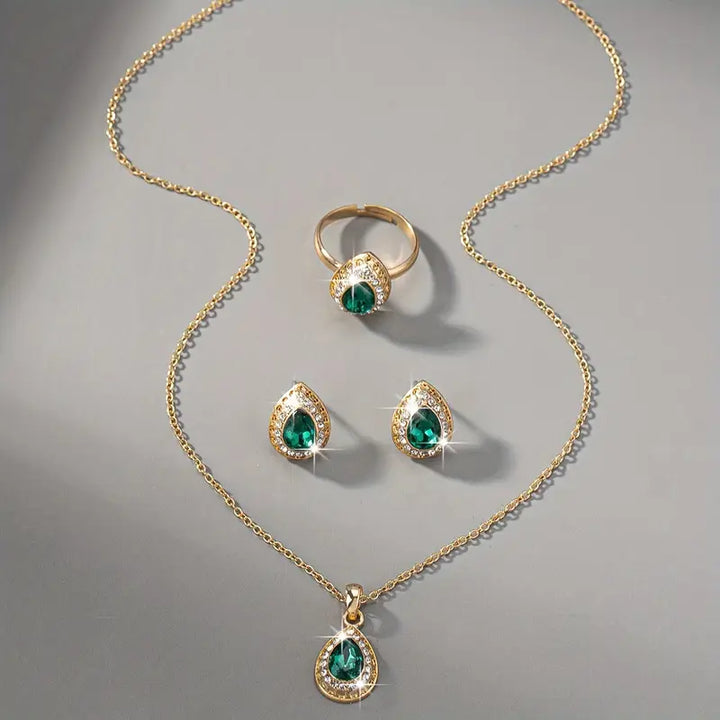 Conjunto de Joias em Forma de Gota de Esmeralda Atemporal