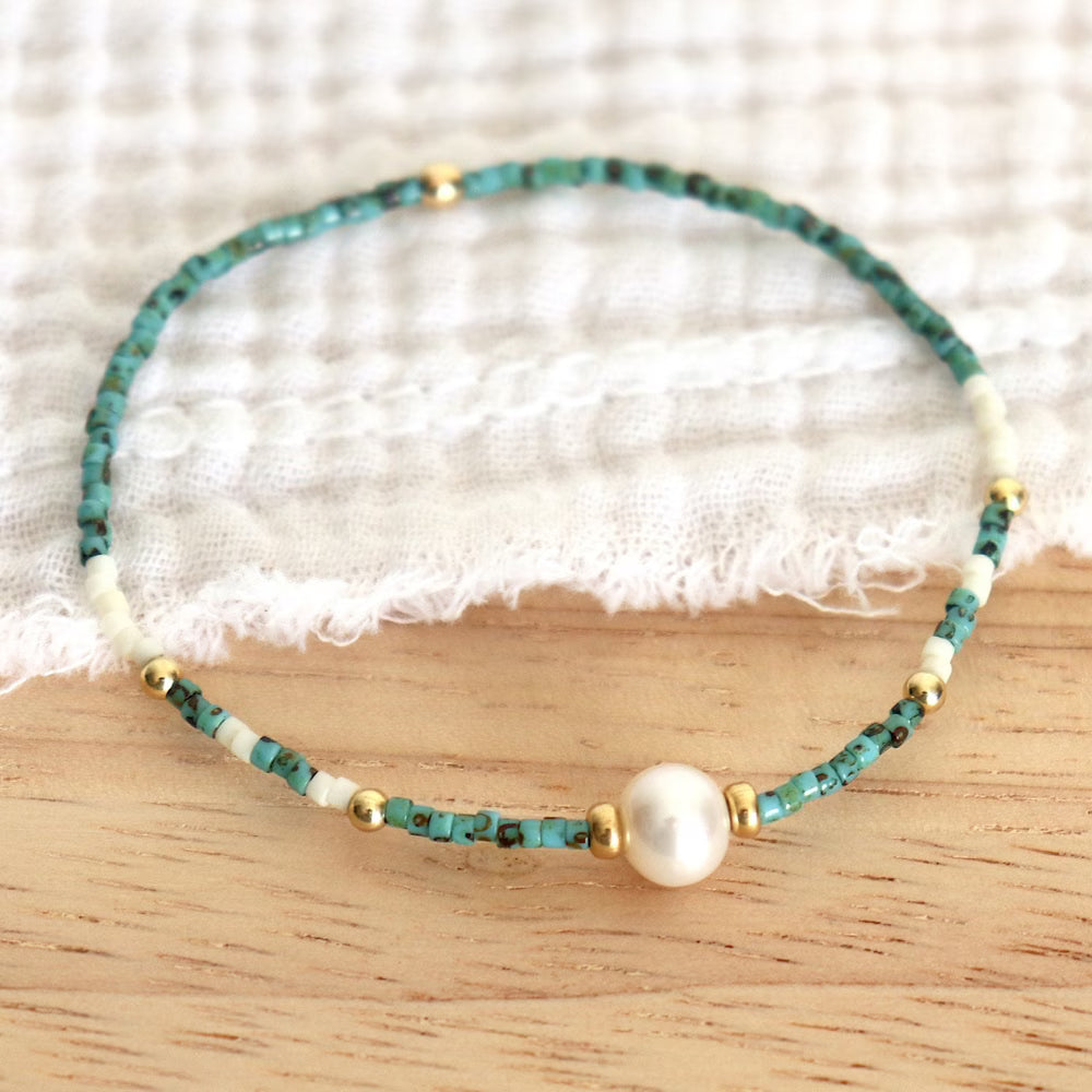 Bracelete Minimalista Turquesa e Pérola