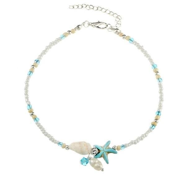 Pulseira Anklet de Estrela e Concha com Pedras Naturais