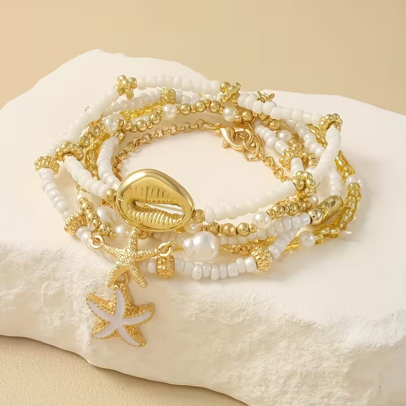 Conjunto de Pulseiras de Ouro e Pérola Costeira com 6 Peças