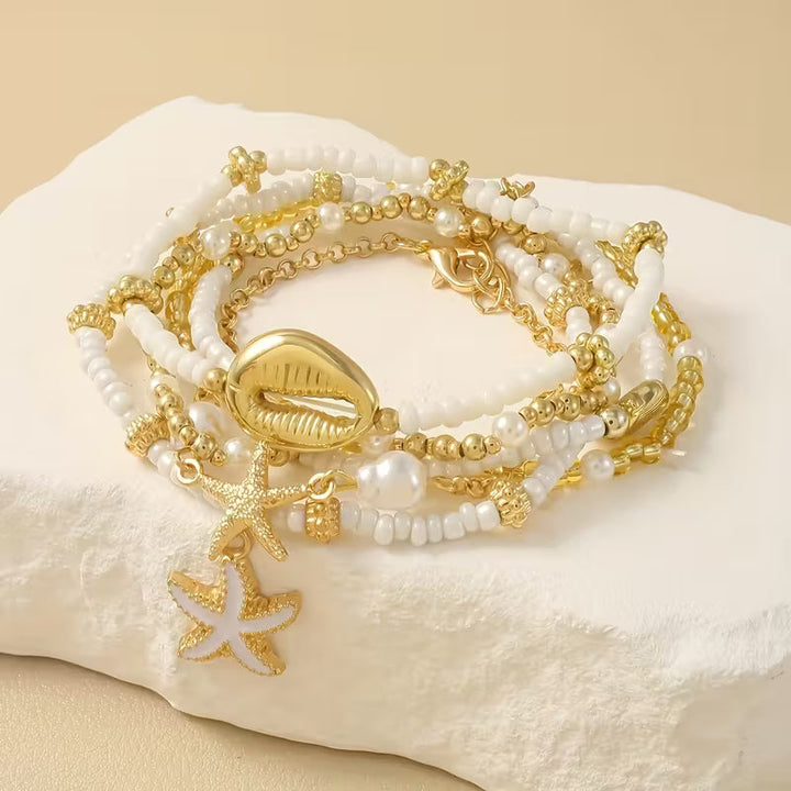 Conjunto de Pulseiras de Ouro e Pérola Costeira com 6 Peças