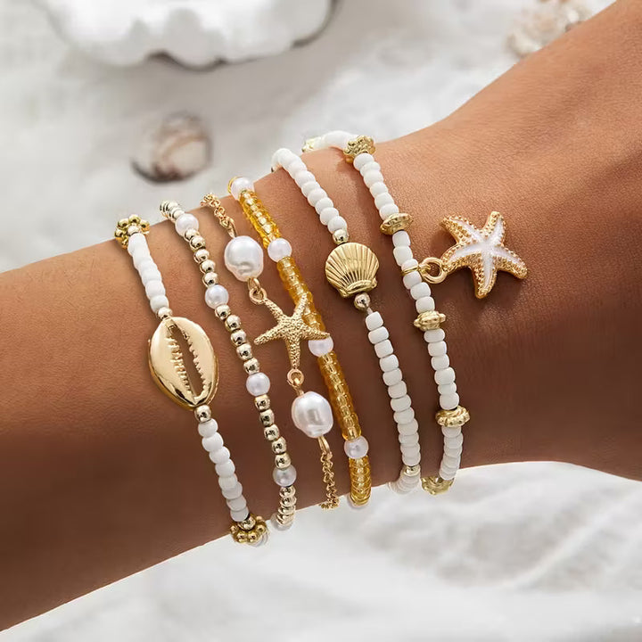 Conjunto de Pulseiras de Ouro e Pérola Costeira com 6 Peças