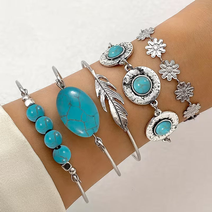 Conjunto de Pulseiras de Pena Turquesa