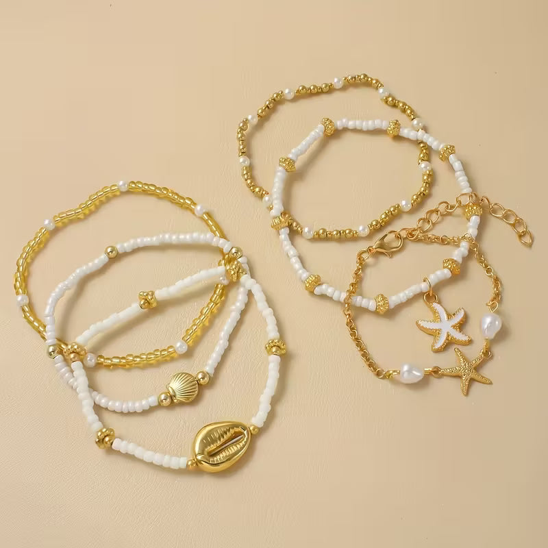 Conjunto de Pulseiras de Ouro e Pérola Costeira com 6 Peças