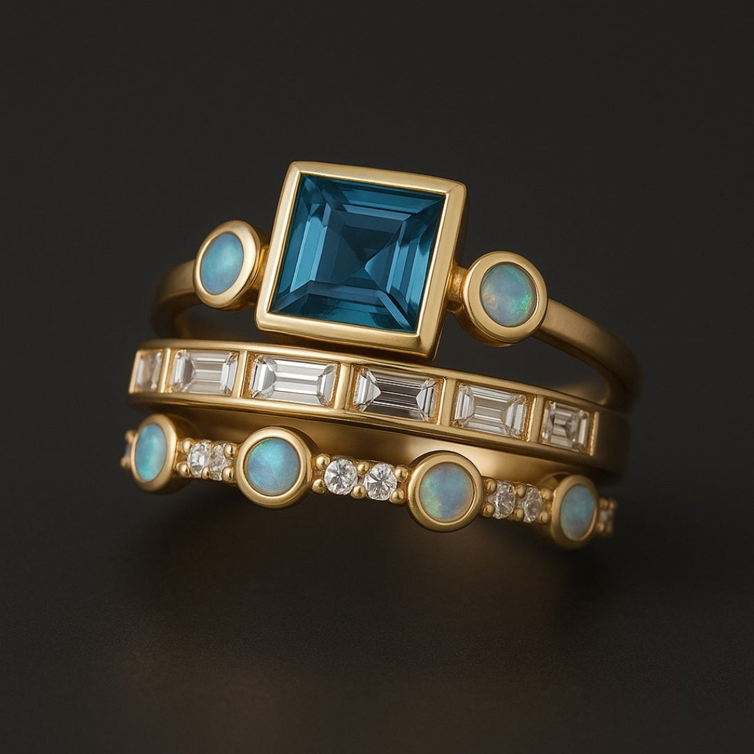 Conjunto de Anéis de Cristal Azul Vintage