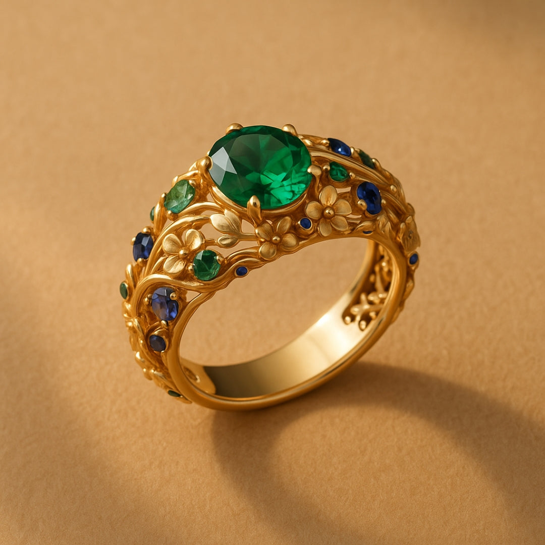 Anel de Ouro com Cristais Verde e Azul