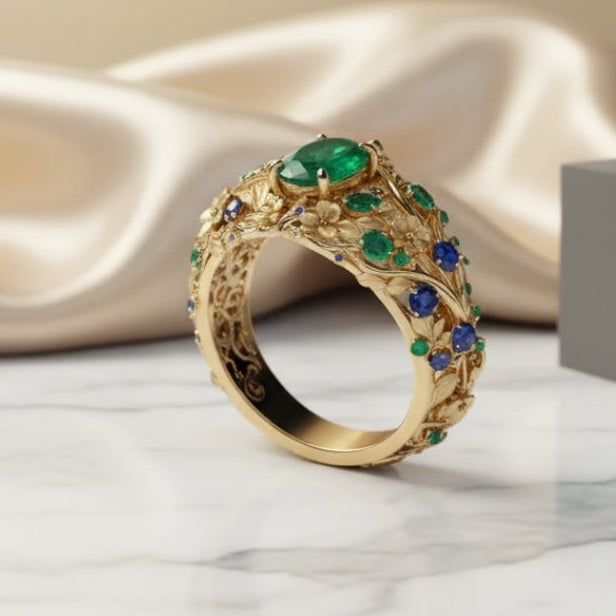Anel de Ouro com Cristais Verde e Azul