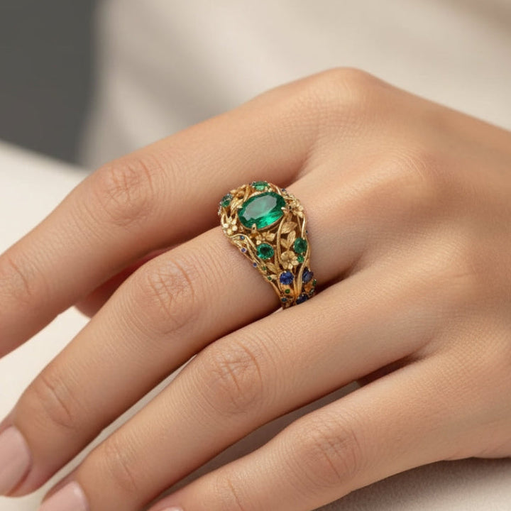 Anel de Ouro com Cristais Verde e Azul