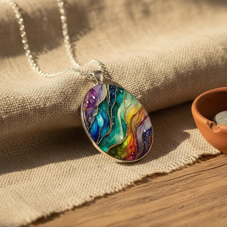 Colar com Pingente de Espiral Arco-Íris Artesanal