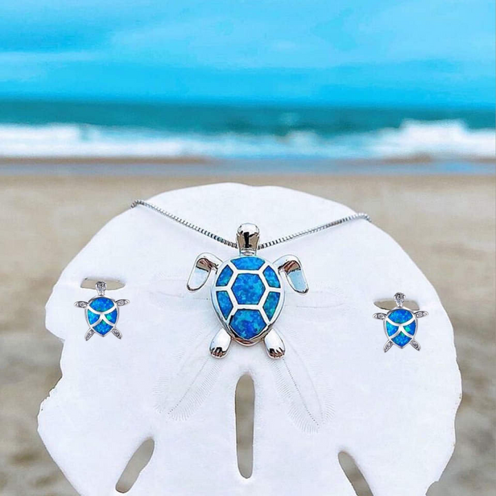 Colar de Tartaruga Marinha + Conjunto de Brincos em Opala e Prata