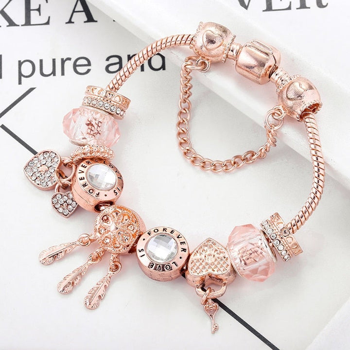 Pulseira Dreamcatcher Rosa com Charms Incluídos em Prata Esterlina
