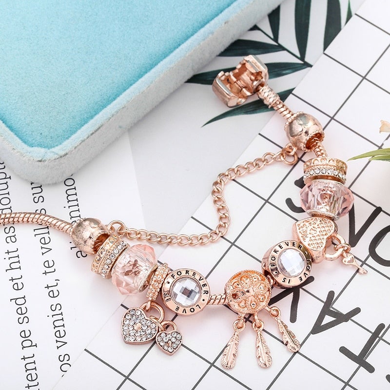 Pulseira Dreamcatcher Rosa com Charms Incluídos em Prata Esterlina