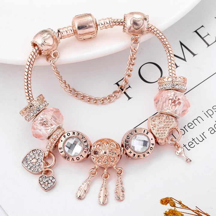 Pulseira Dreamcatcher Rosa com Charms Incluídos em Prata Esterlina