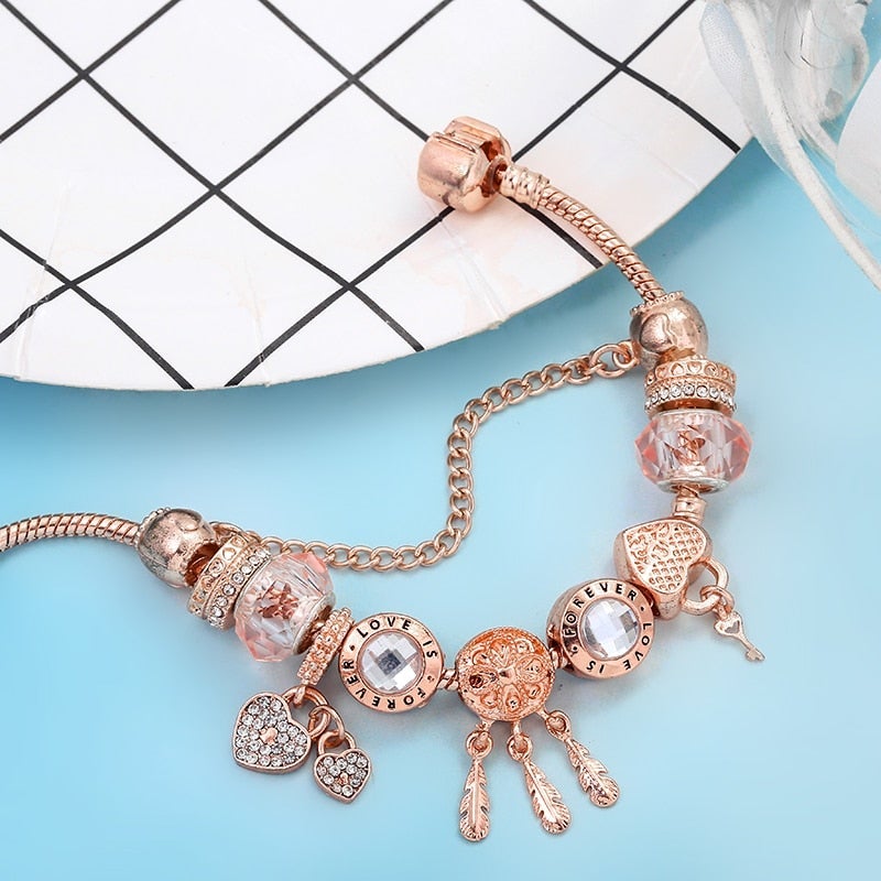 Pulseira Dreamcatcher Rosa com Charms Incluídos em Prata Esterlina