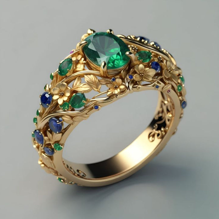 Anel de Ouro com Cristais Verde e Azul