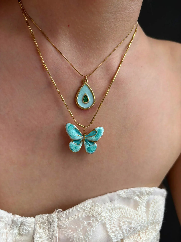 Conjunto de Colar em Camadas Bonito com Borboleta e Gota