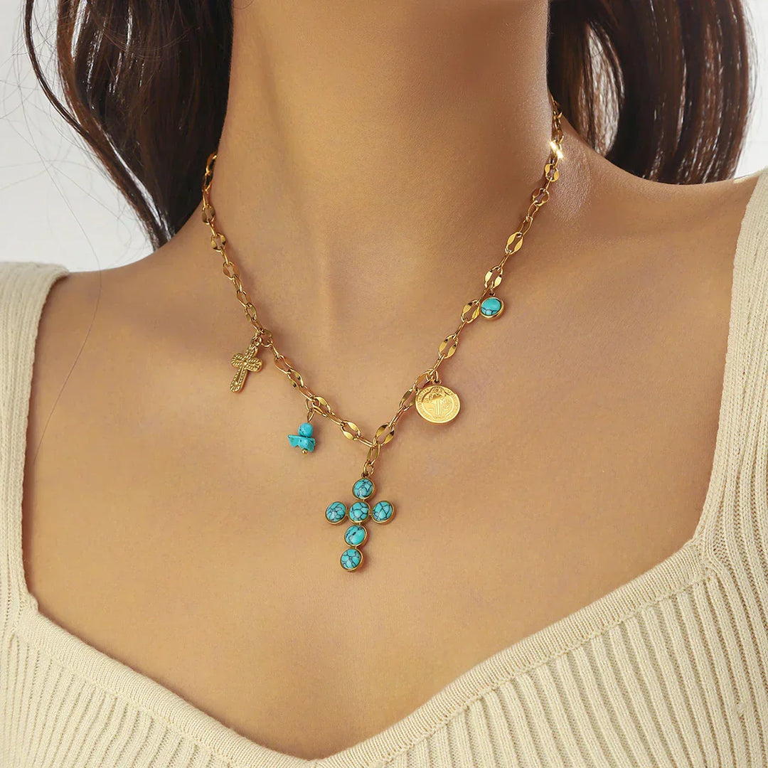 Colar de Cruz de Pedra Preciosa Turquesa Abençoada
