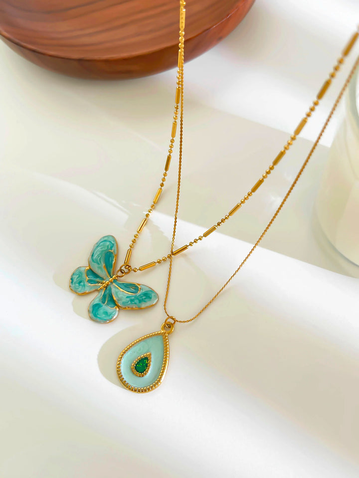 Conjunto de Colar em Camadas Bonito com Borboleta e Gota