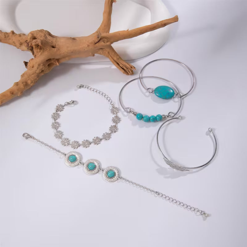 Conjunto de Pulseiras de Pena Turquesa