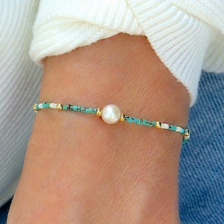 Bracelete Minimalista Turquesa e Pérola