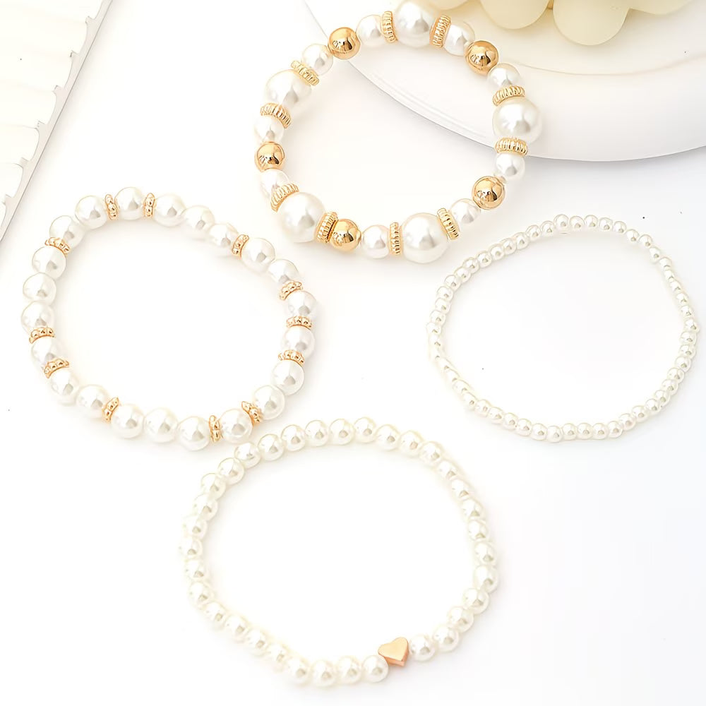Conjunto de Pulseiras de Pérolas em Camadas com 4 Peças