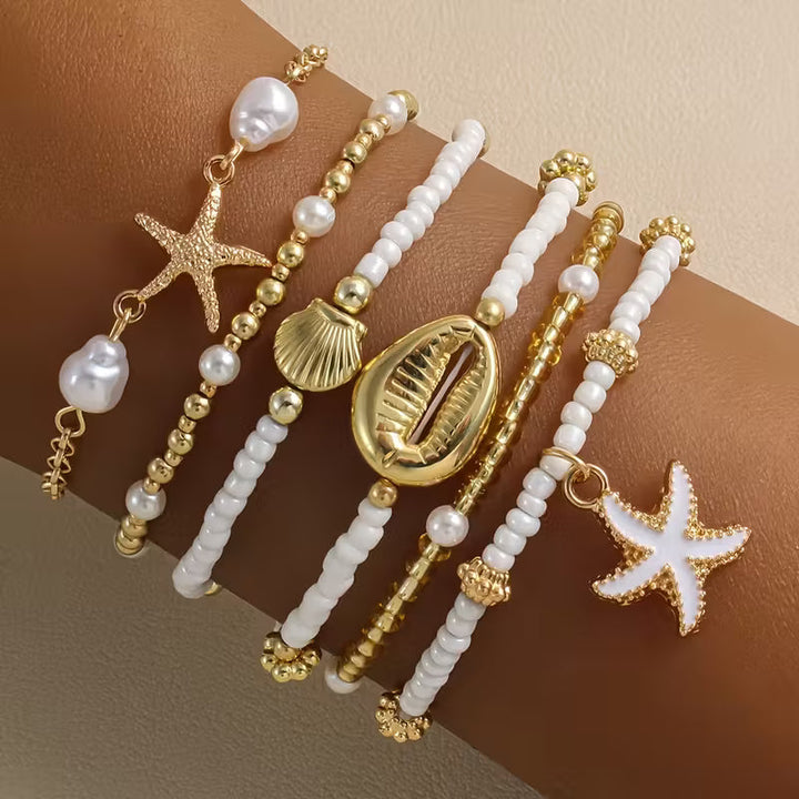 Conjunto de Pulseiras de Ouro e Pérola Costeira com 6 Peças