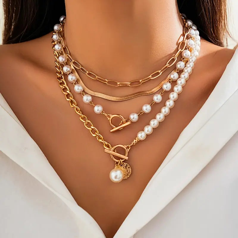 Conjunto de Colar Camadas de Pérolas Modernas