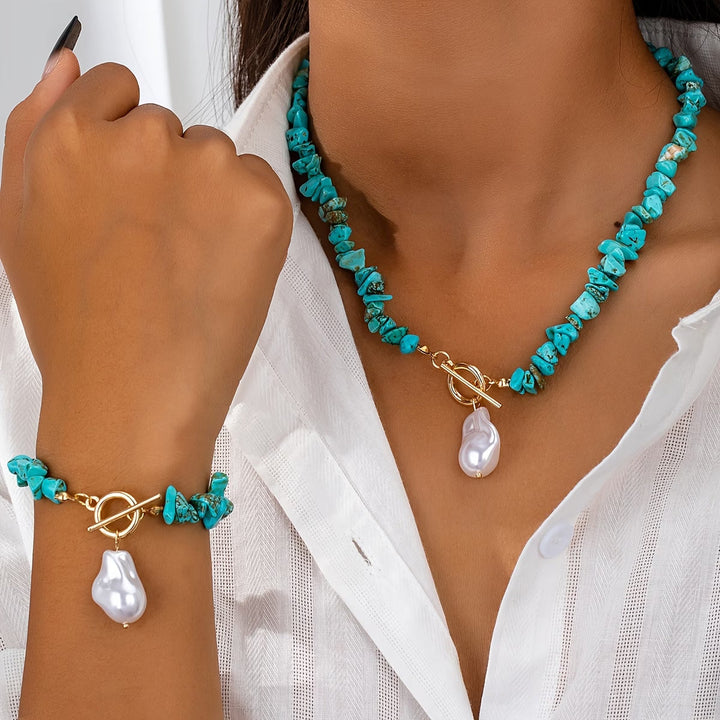 Conjunto de Colar e Pulseira Turquesa & Pérola