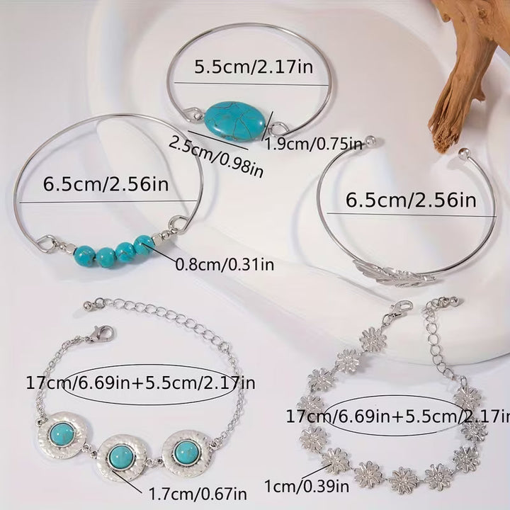 Conjunto de Pulseiras de Pena Turquesa