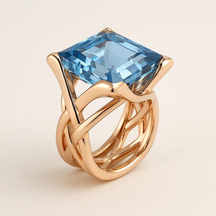 Anel Vintage Rosa Ouro Zircônia Azul