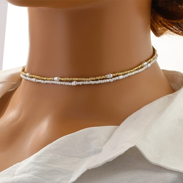 Conjunto de Colar de Pérolas e Ouro em Camadas