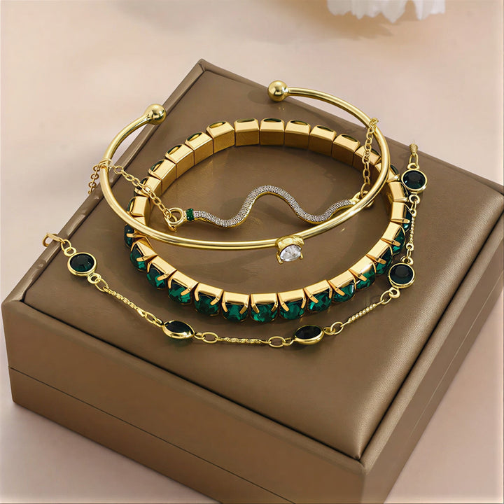 Conjunto de Pulseiras em Camadas Esmeralda