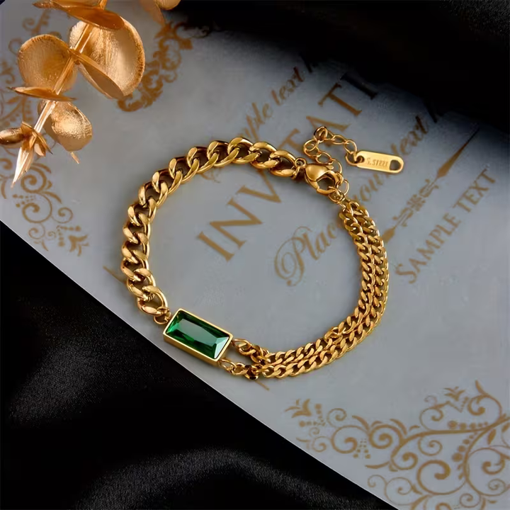 Pulseira de Barra de Esmeralda Dourada Atemporal