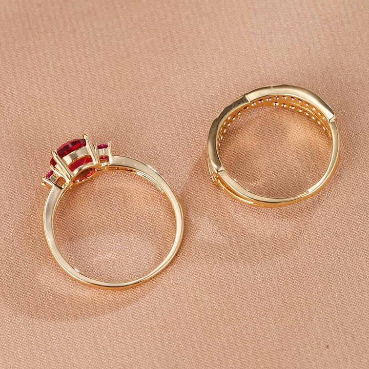 Conjunto de Anéis Duo de Gemas Douradas Elegantes