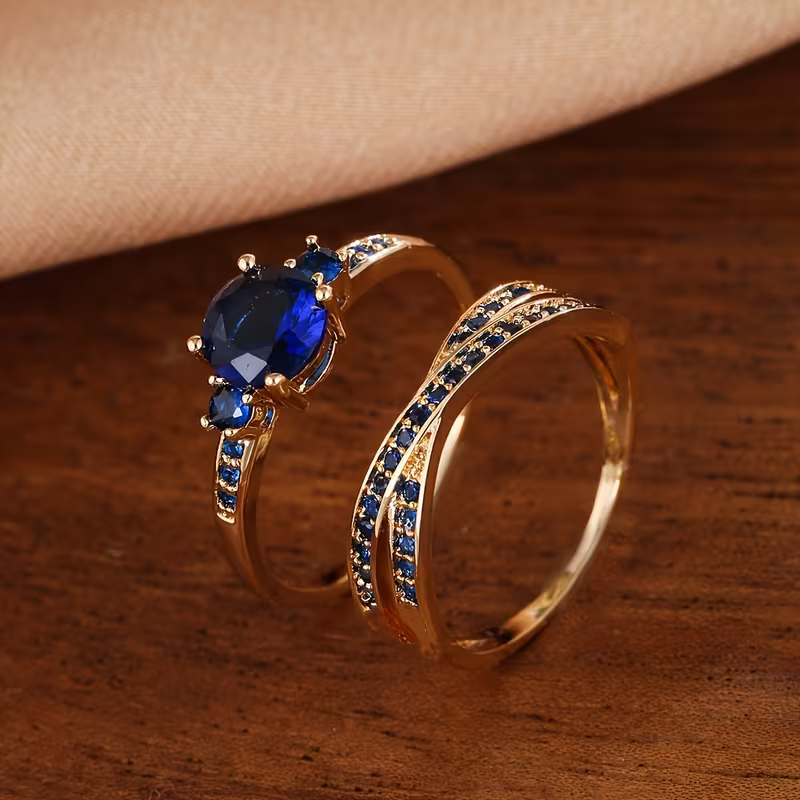 Conjunto de Anéis Duo de Gemas Douradas Elegantes