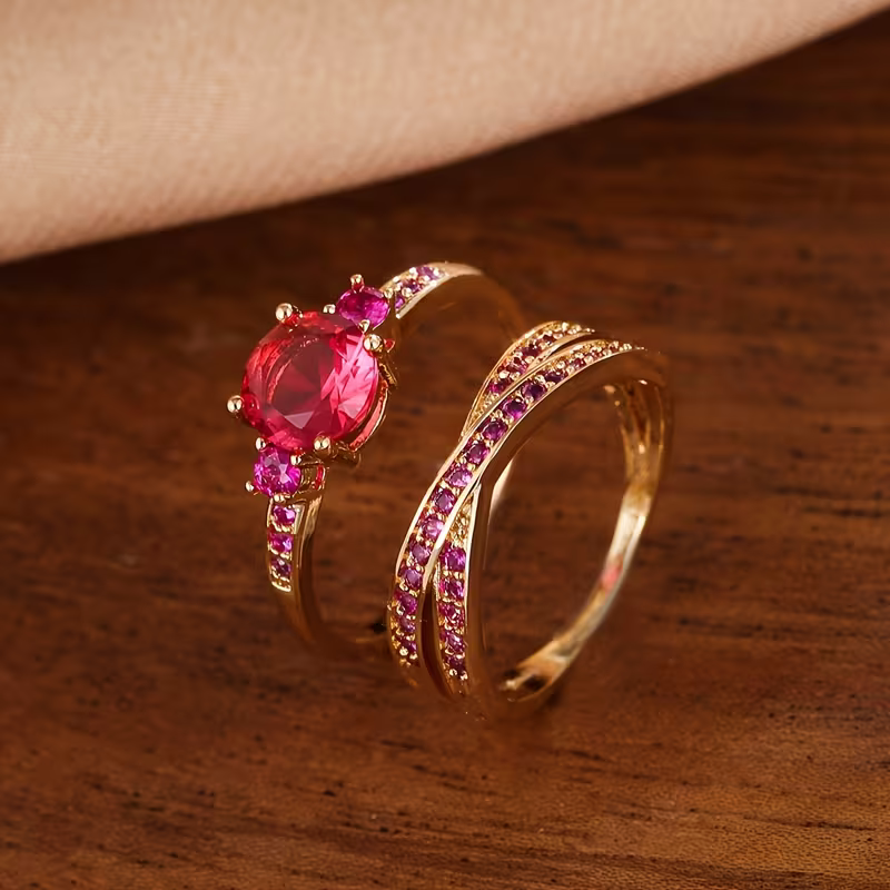 Conjunto de Anéis Duo de Gemas Douradas Elegantes