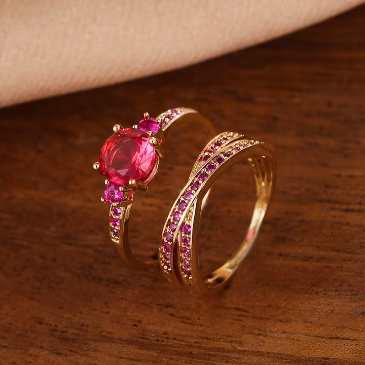 Conjunto de Anéis Duo de Gemas Douradas Elegantes