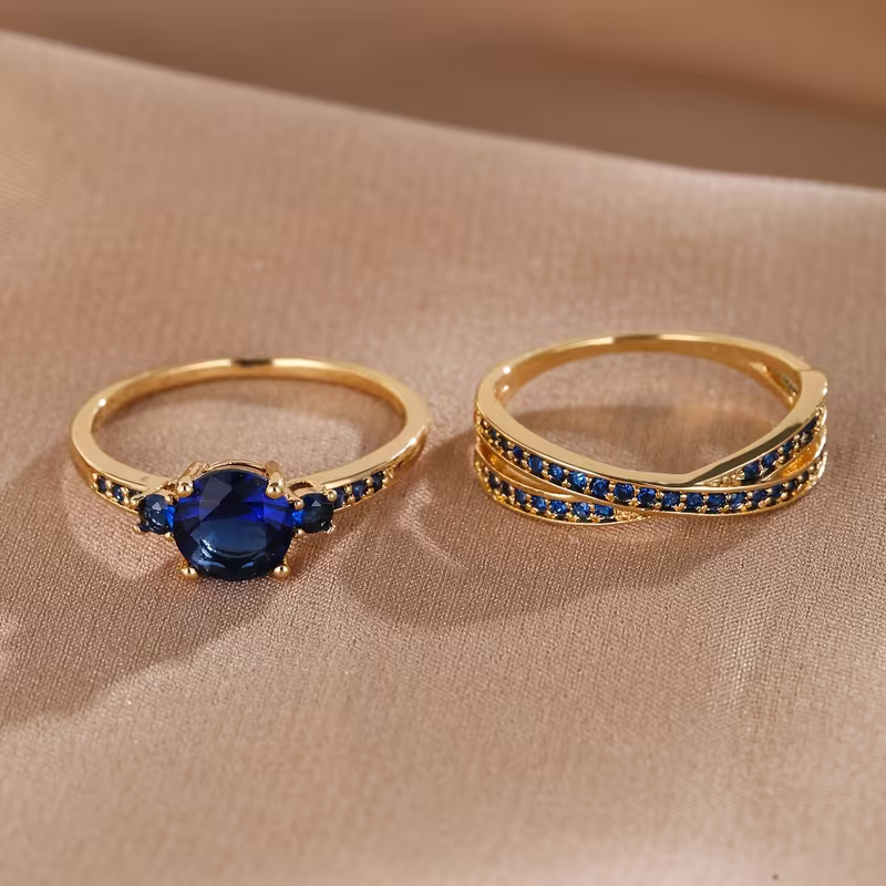 Conjunto de Anéis Duo de Gemas Douradas Elegantes