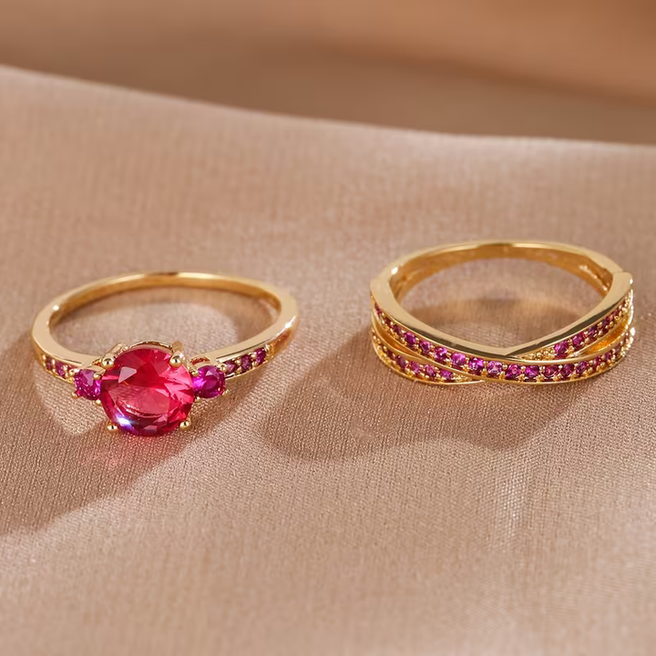 Conjunto de Anéis Duo de Gemas Douradas Elegantes